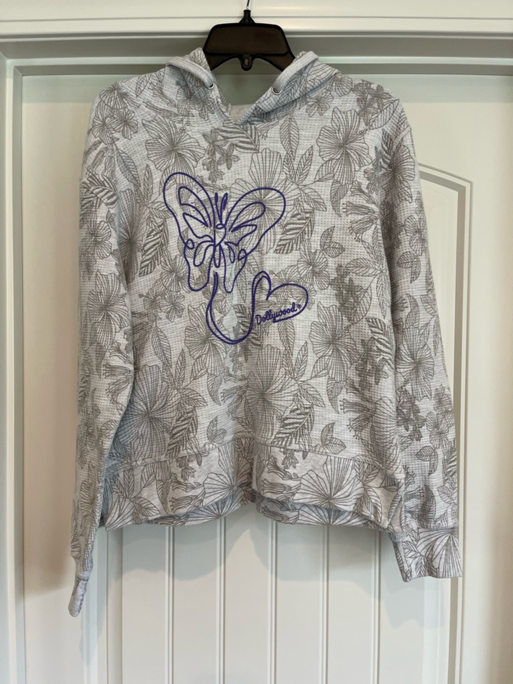 Dollywood MV Sport Gray Floral Hoodie with Purple Butterfly Embroidery